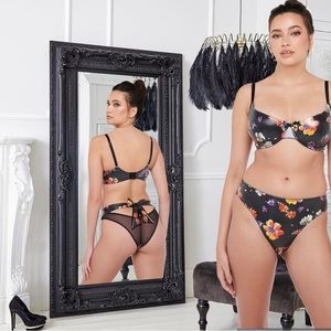 Savage X Night Blooms Wet Look Balconette Bra High Leg Tie-Back Bikini Set NWT